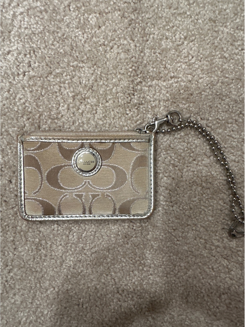 (2)Coach Signature Canvas Card Holder with Silver Leather Trim and Chain